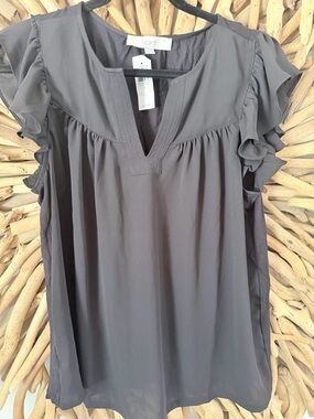 LOFT Charcoal Ruffle Sleeve V-Neck Top